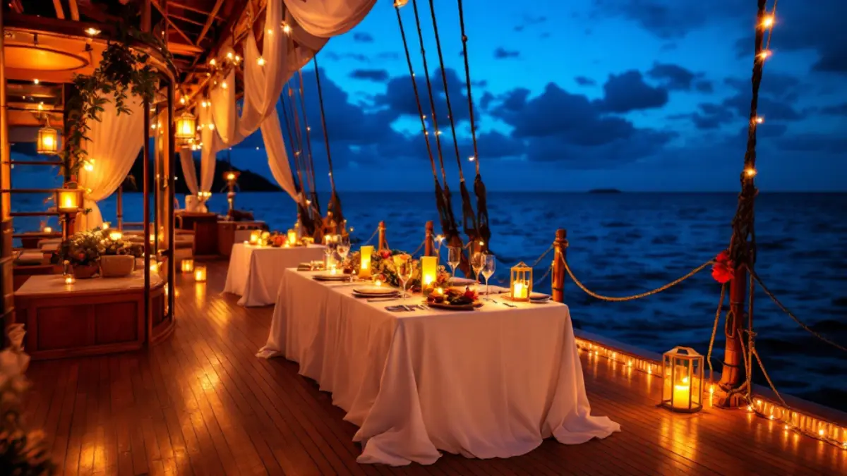 Candle-lit dinner table on the teak deck of a phinisi at dusk in Bali