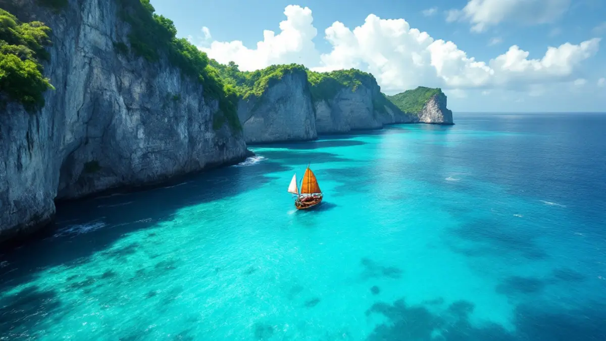 Nusa Penida limestone cliffs seen from the sea with a phinisi sailing boat